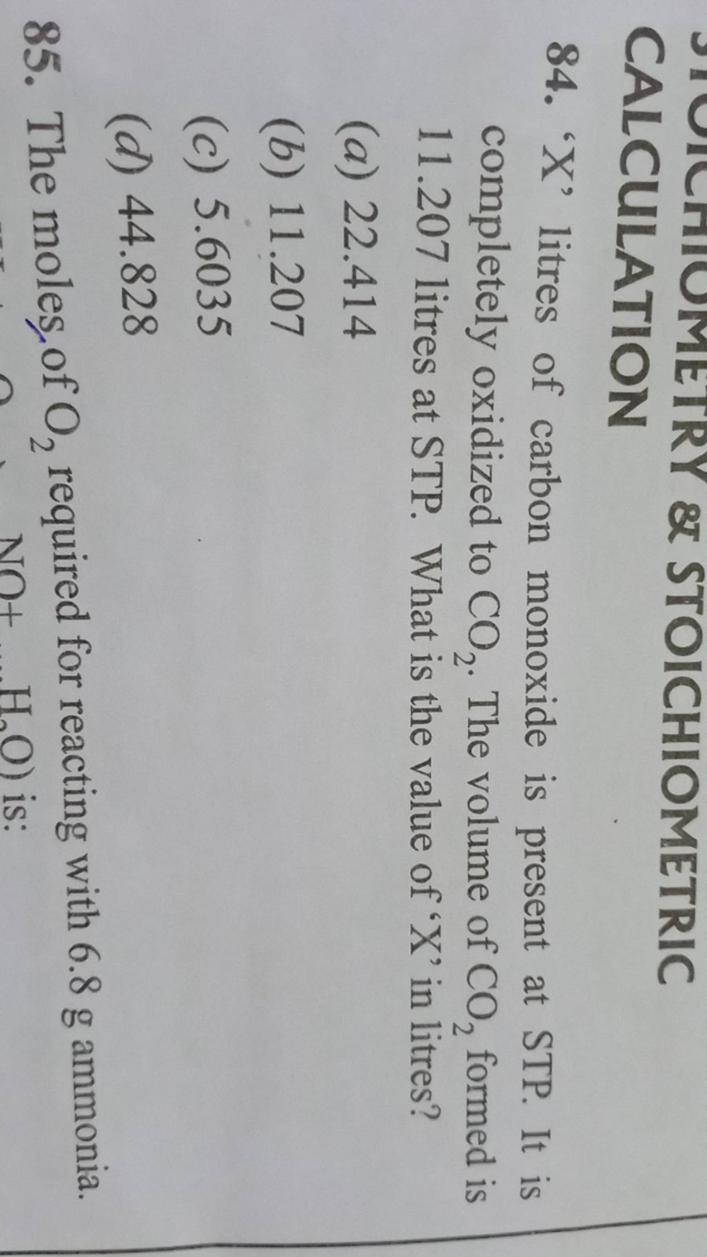 CALCULATION STOICHIOMETRIC 84 X Litres Of Litres Of Carbon Mo 