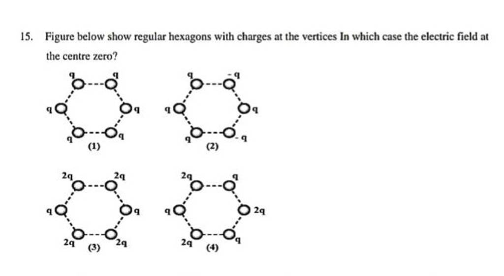 15. Figure below show regular hexagons with charges at the vertices In