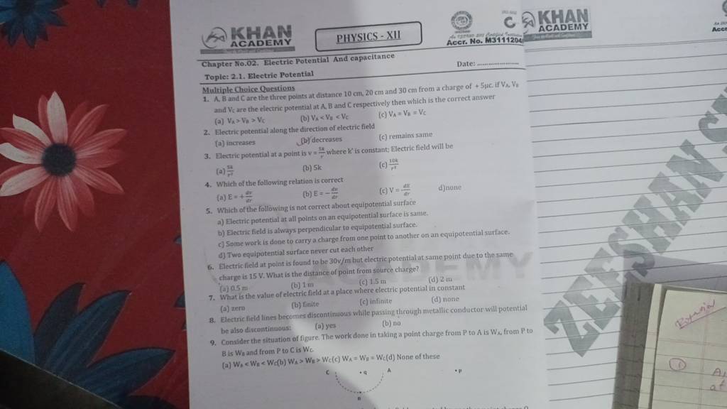 Blectric potential at a point is v=pπ where K ' is constant; Electric fi..