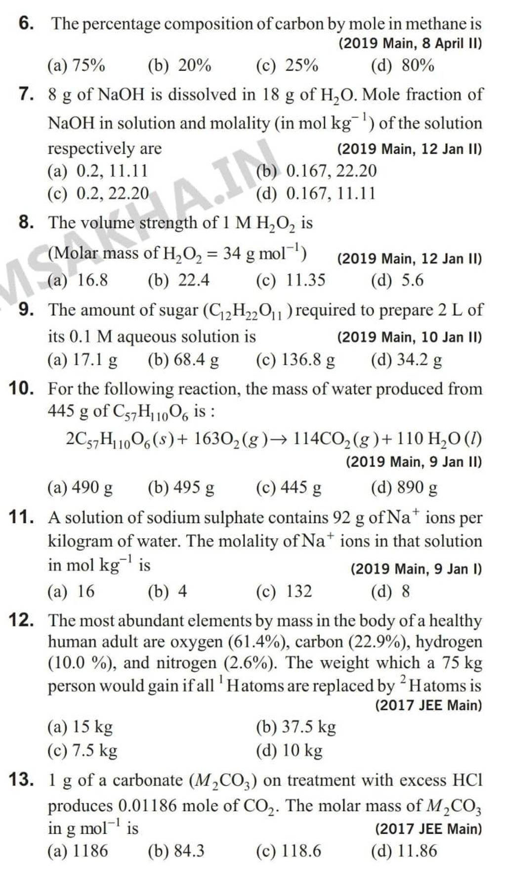The percentage composition of carbon by mole in methane is (2019 Main, 8