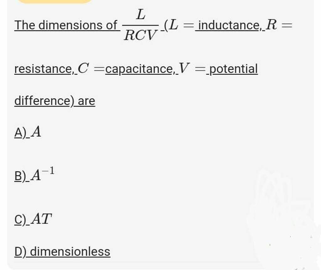 The dimensions of RCVL (L= inductance, R= resistance, C= capacitance, V=