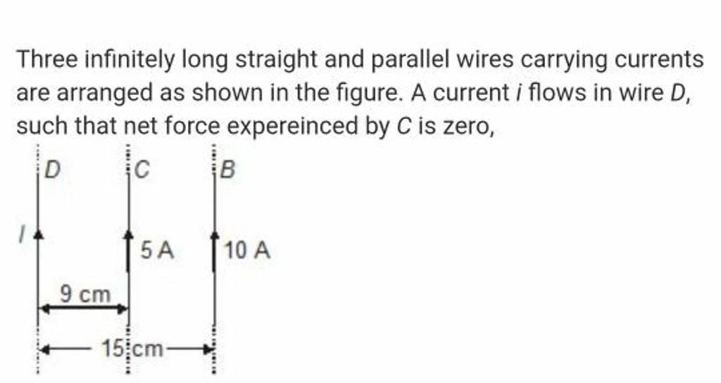 Three infinitely long straight and parallel wires carrying currents are a..