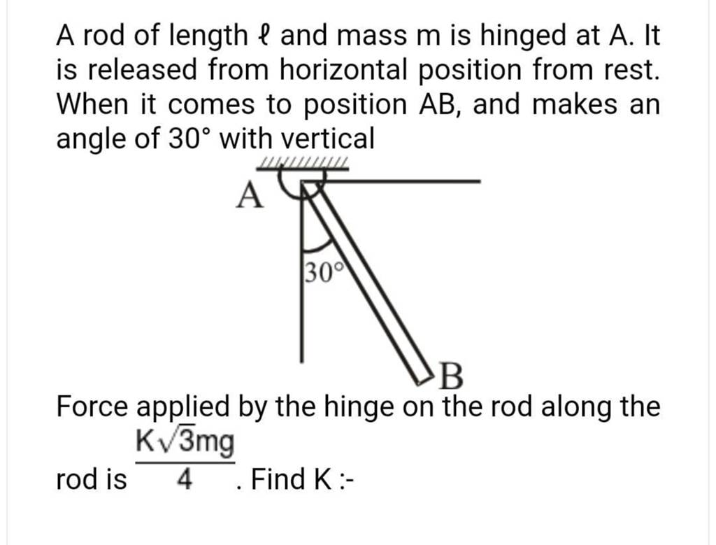 A rod of length l and mass m is hinged at A. It is released from horizont..