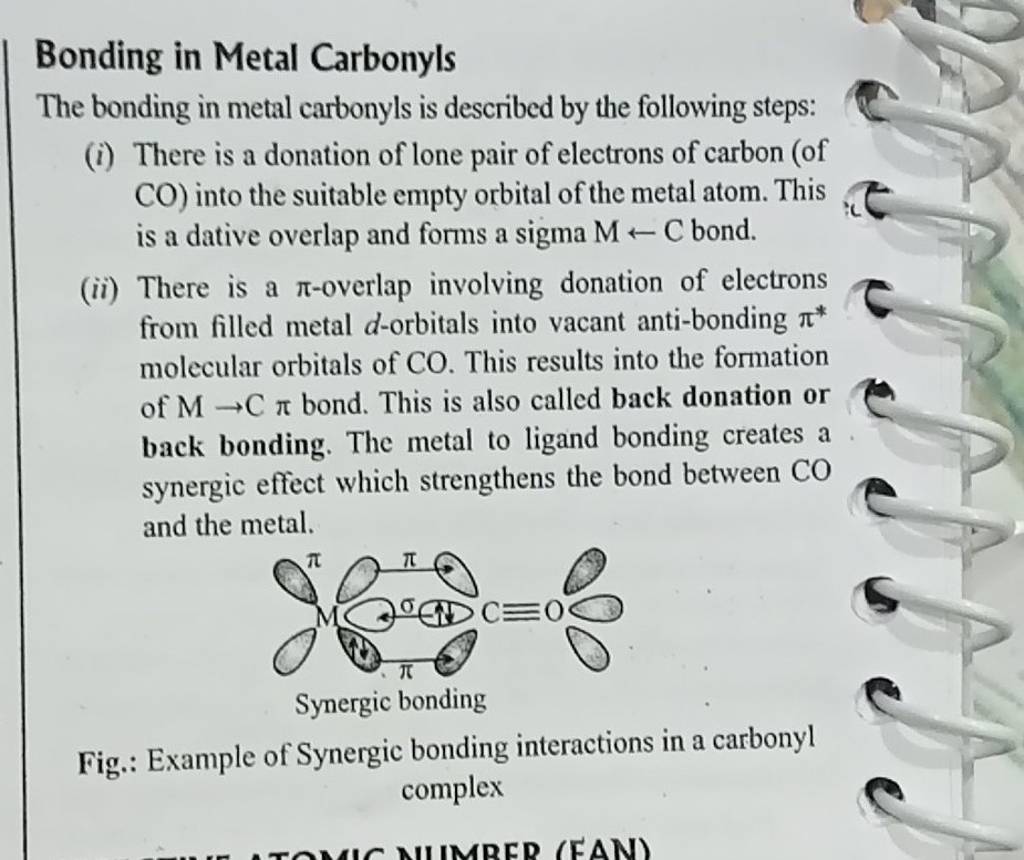Bonding in Metal Carbonyls The bonding in metal carbonyls is described by..