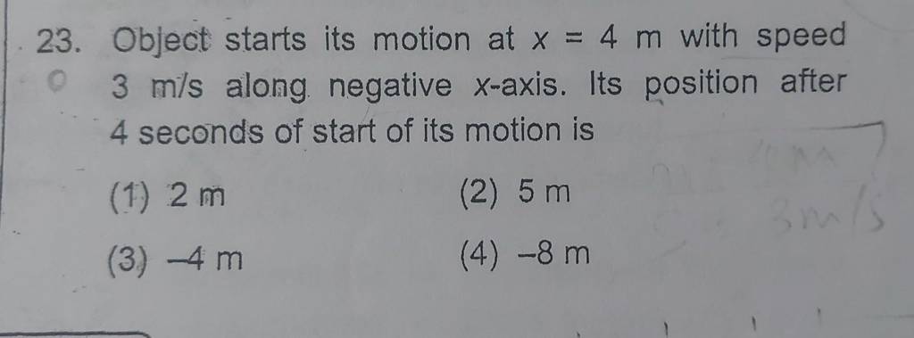 Object starts its motion at x=4 m with speed 3 m/s along negative x-ax