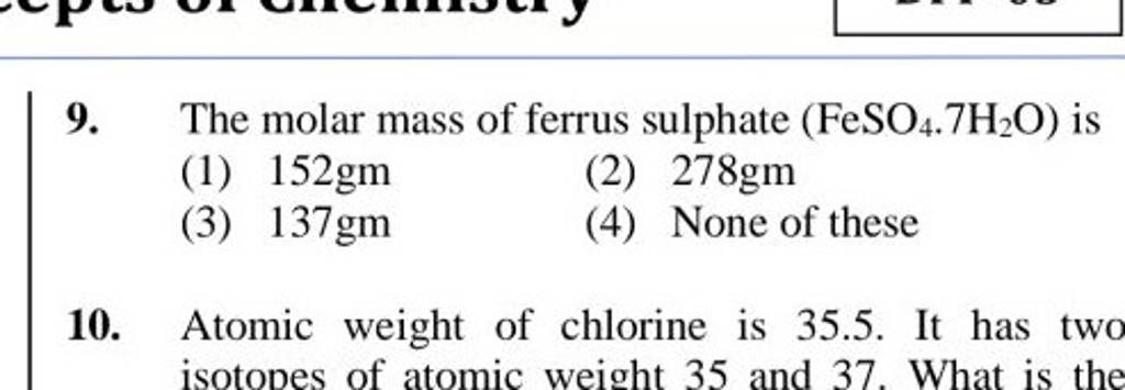 The Molar Mass Of Ferrus Sulphate Feso4 7h2 O Is Filo 2104