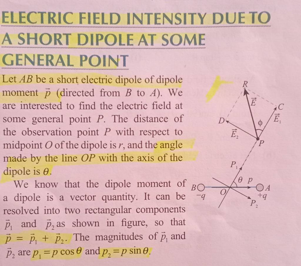 ELECTRIC FIELD INTENSITY DUE TO A SHORT DIPOLE AT SOME GENERAL POINT Let