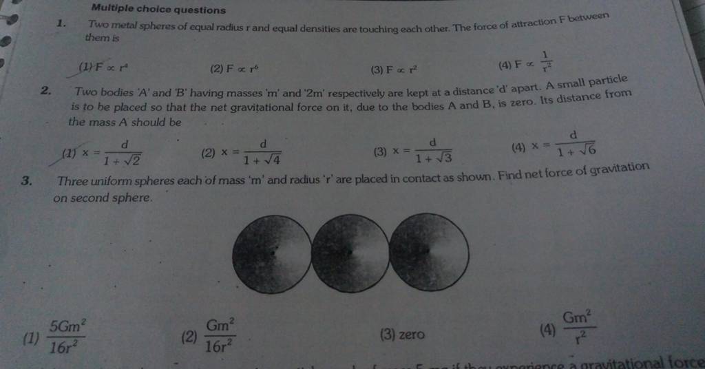 Three Uniform Spheres Each Of Mass M And Radius R Are Placed In C