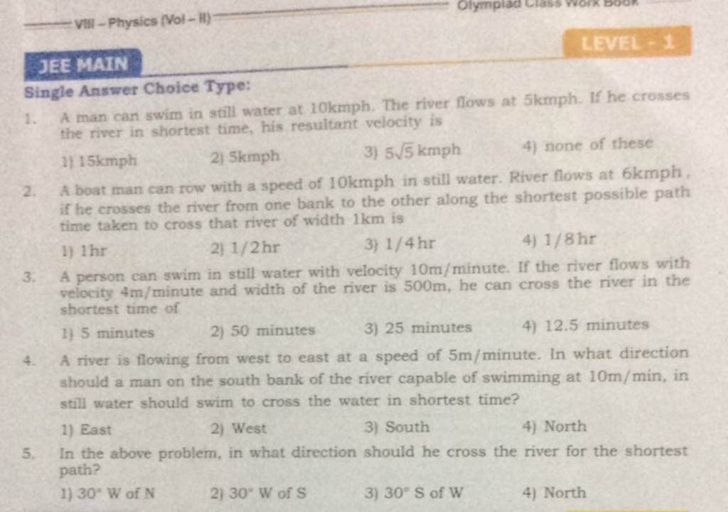 A Boat Man Can Row With A Speed Of 10kmph In Still Water River Flows At a-boat-man-can-row-with-a-speed-of-10kmph-in-still-water-river-flows-at