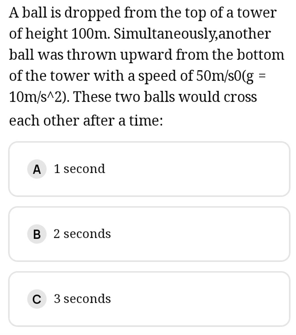 A ball is dropped from the top of a tower of height 100 m. Simultaneou