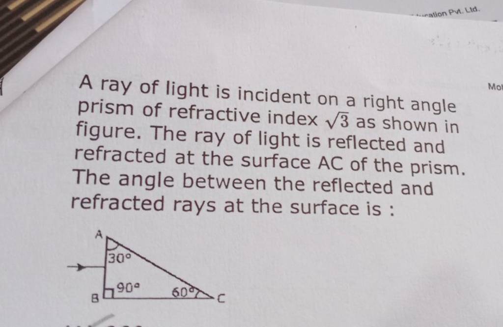 A ray of light is incident on a right angle prism of refractive index 3