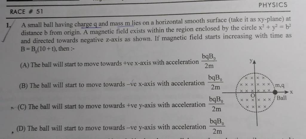 RACE # 51 PHYSICS 1. A Small Ball Having Charge Q And Mass M Lies On A Ho..