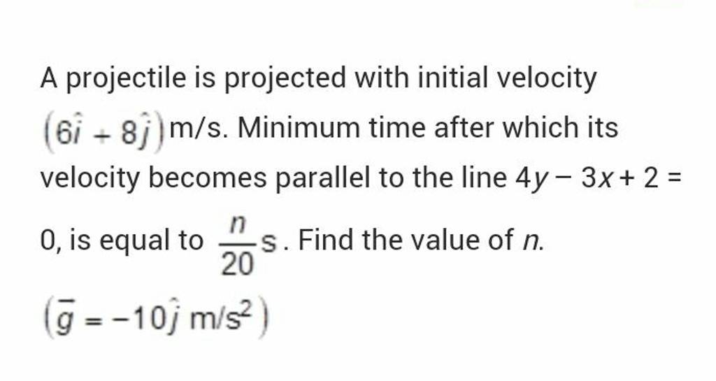 A projectile is projected with initial velocity (6i^+8j^ )m/s. Minimum ti..