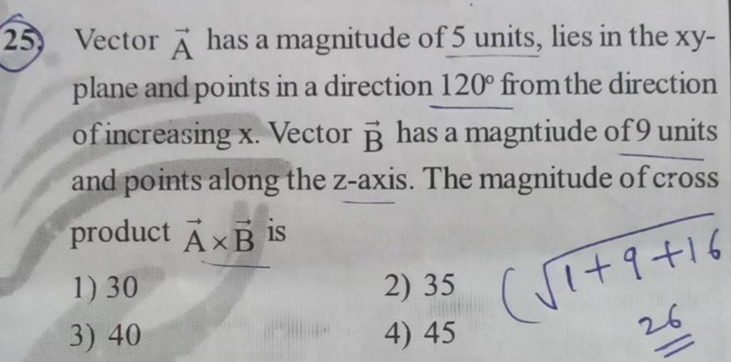 Vector A has a magnitude of 5 units, lies in the xyplane and points in