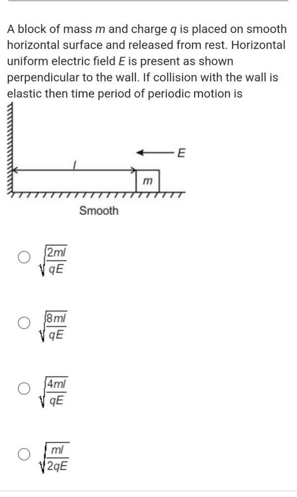 A block of mass m and charge q is placed on smooth horizontal surface and..