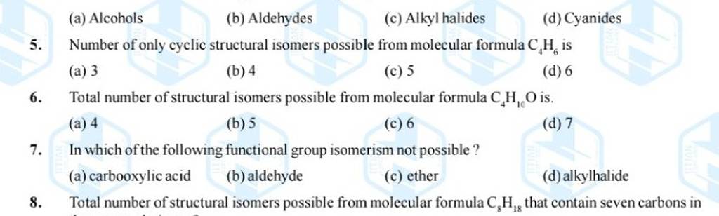 Number of only cyclic structural isomers possible from molecular formula