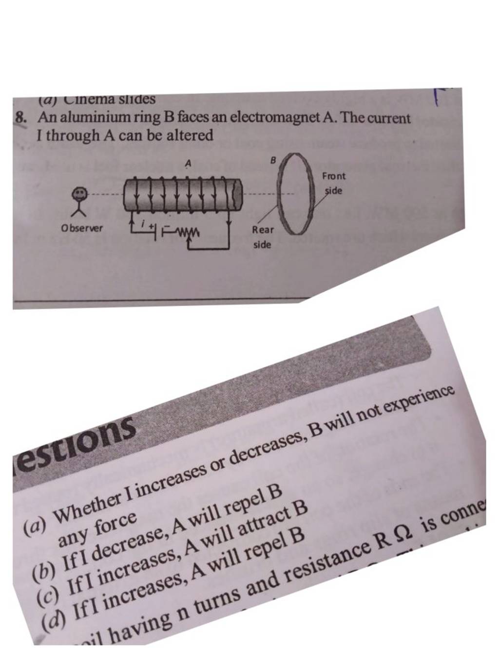 8. An Aluminium Ring B Faces An Electromagnet A. The Current I Through A