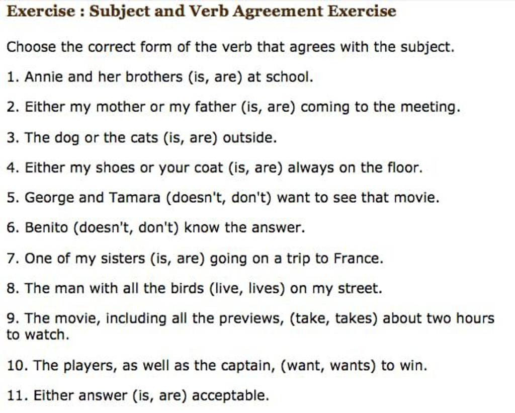 Exercise Subject And Verb Agreement Exercise Choose The Correct Form Of 