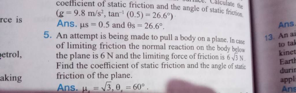 coefficient of static friction and the angle of static friction (g=9.8
