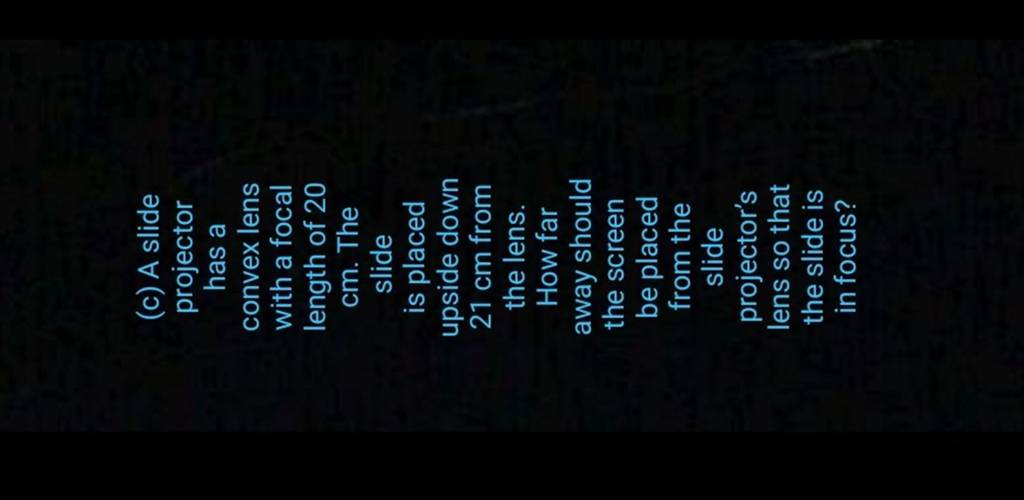 (c) A slide projector has a convex lens with a focal length of 20 cm. The..