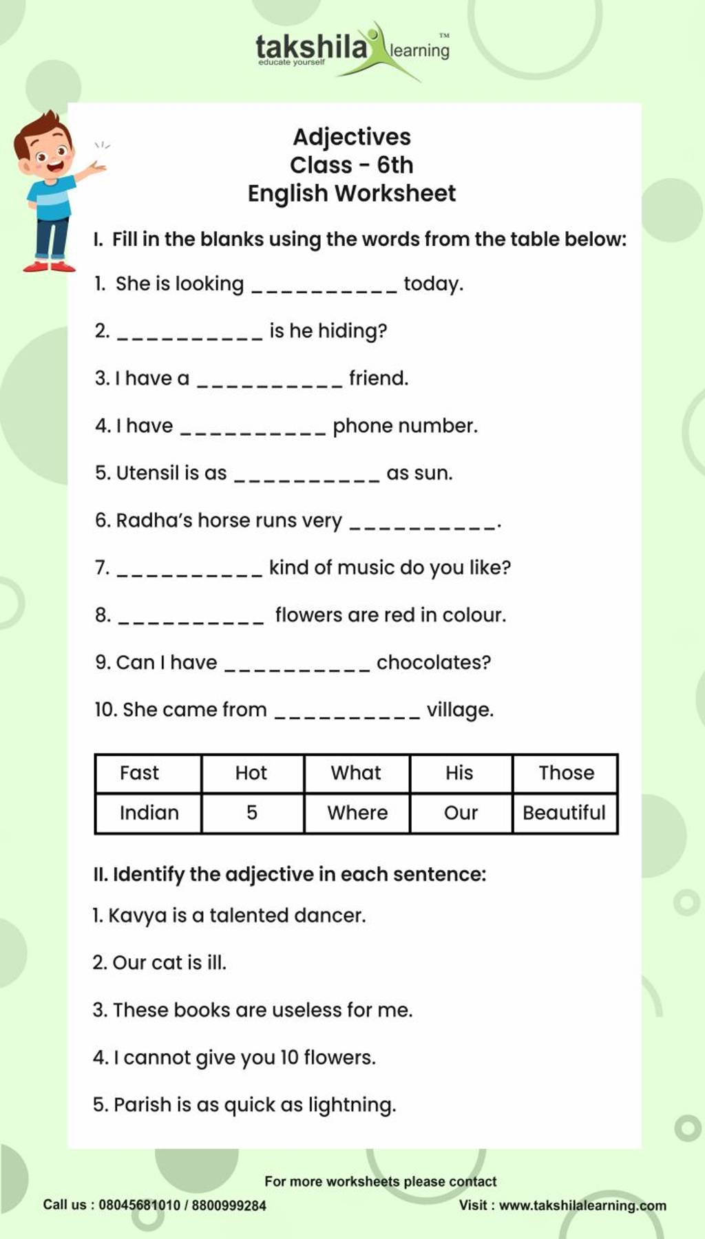 Takshila Learning Adjectives Class 6th English Worksheet I Fill In The 