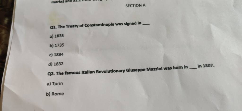SECTION A Q1. The Treaty of Constantinople was signed in Filo