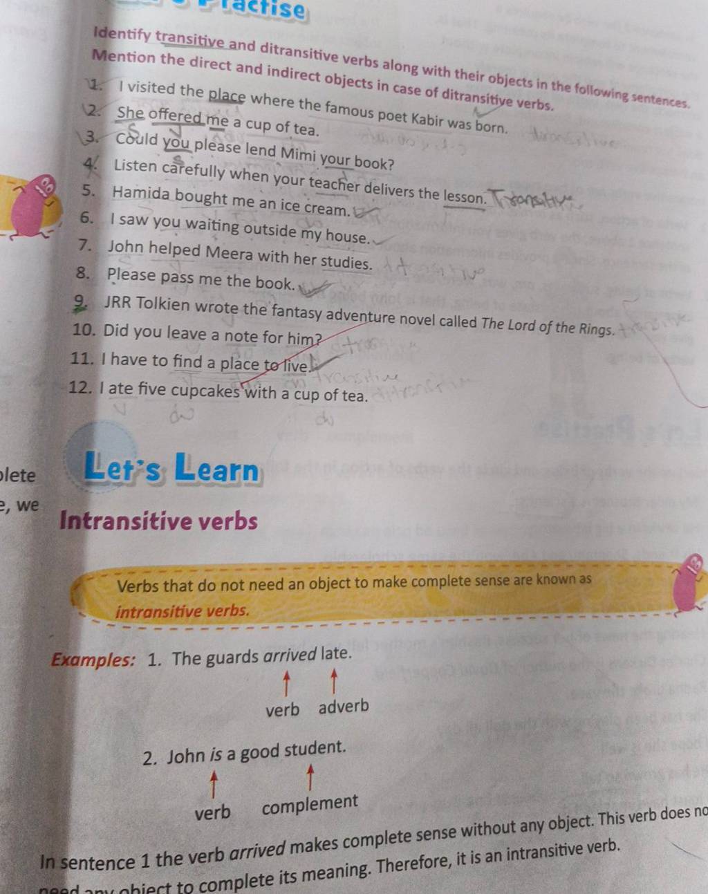 Identify transitive and ditransitive verbs along with their objects in th..