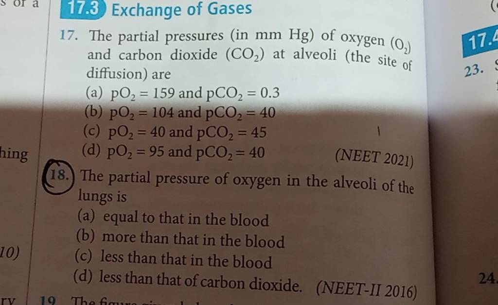 Neet 2021 18 The Partial Pressure Of Oxygen In The Alveoli Of The Lu 1224