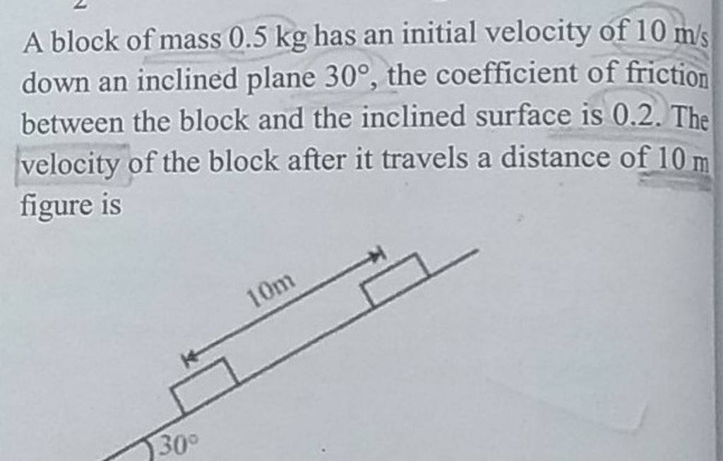 A block of mass 0.5 kg has an initial velocity of 10 m/s down an inclined..