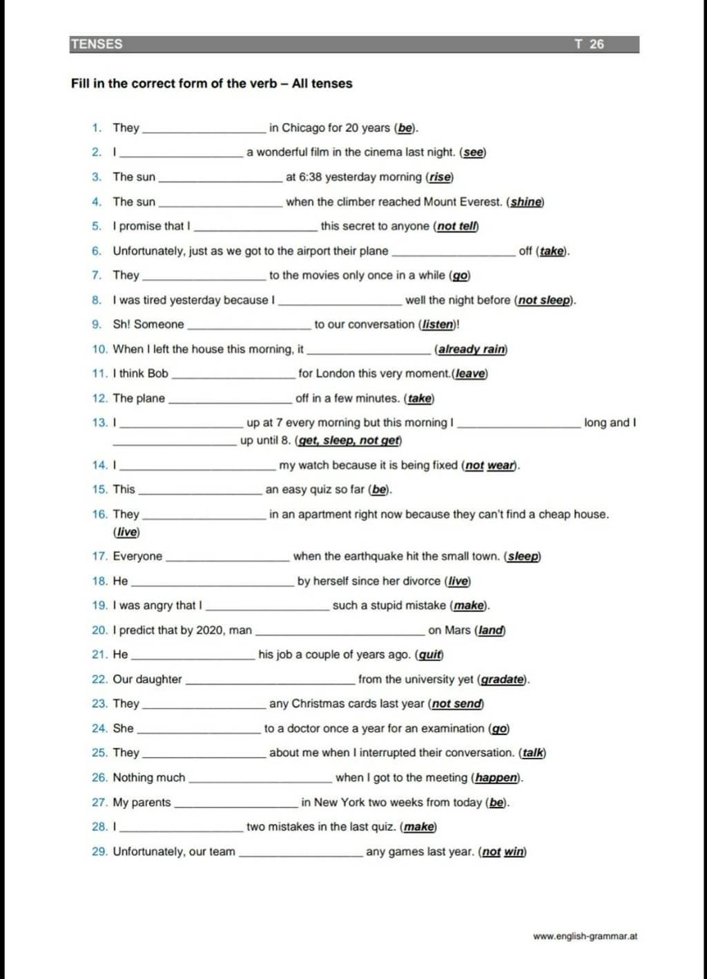 Fill In The Correct Form Of The Verb All Tenses With Answers