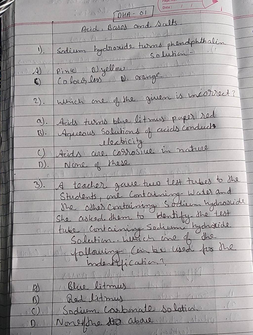 Acid bases and salts 1 sodium hydroxide turns phendphthalin solution 