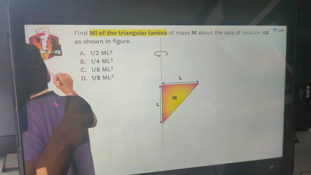 Find MI of the triangular lamina of mass M about the axis of rotation AB=..