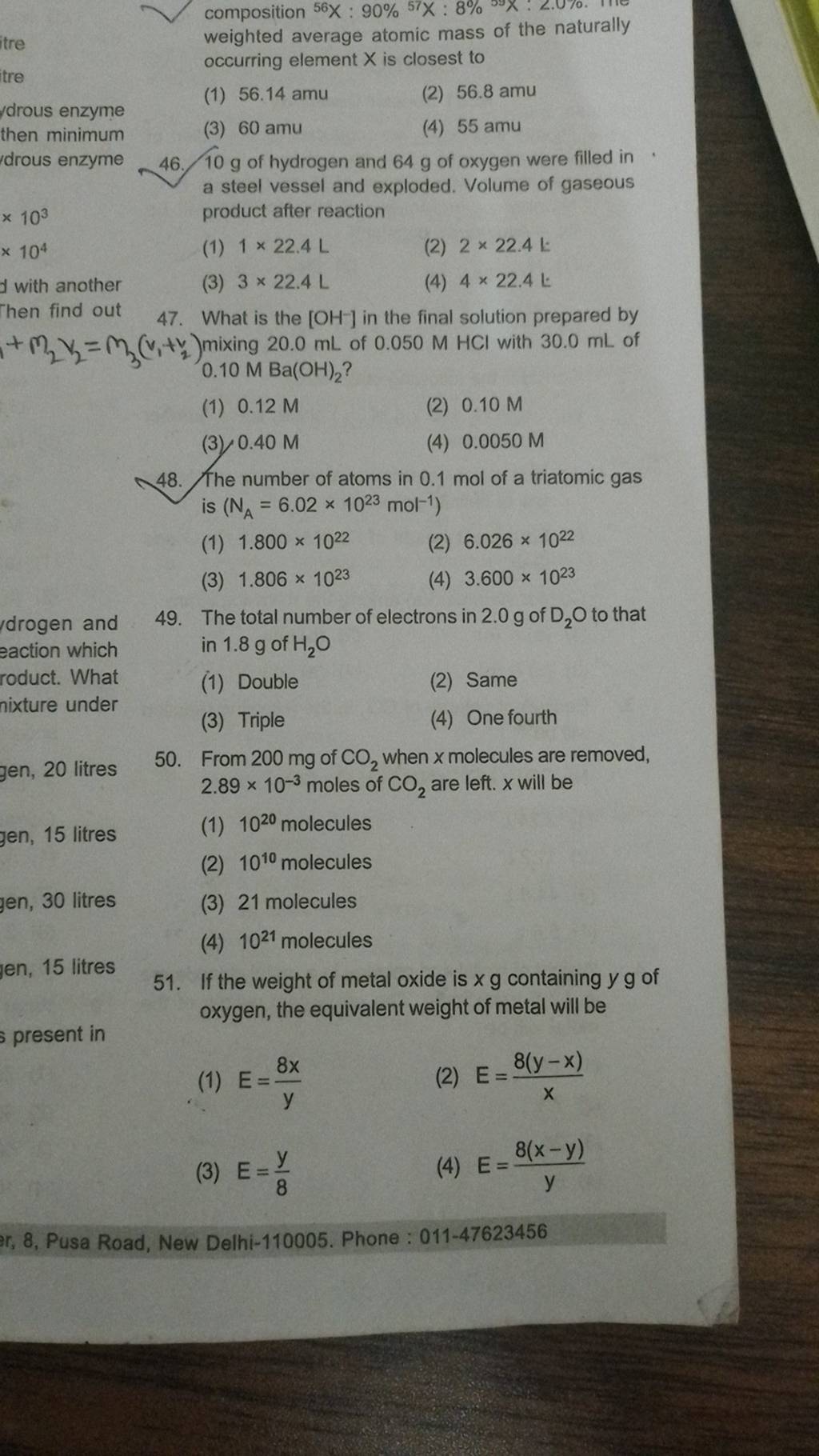 If the weight of metal oxide is xg containing yg of oxygen, the equivalen..