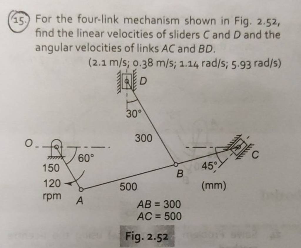 (15.) For The Four-link Mechanism Shown In Fig. 2.52, Find The Linear Vel..