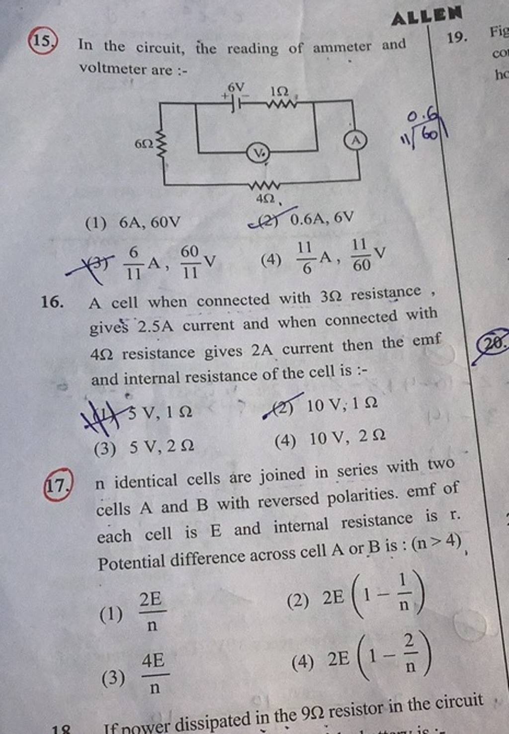 In the circuit, the reading of ammeter and voltmeter are Filo