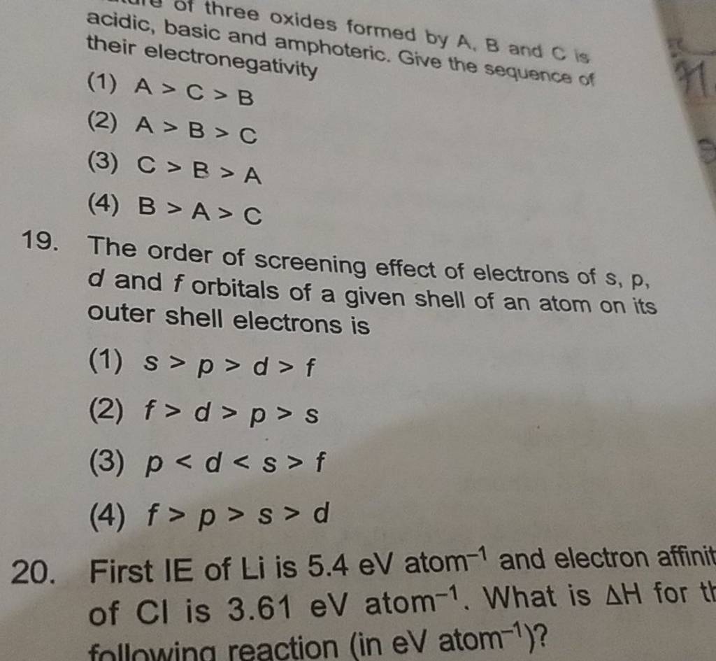 The order of screening effect of electrons of s,p, d and f orbitals of a