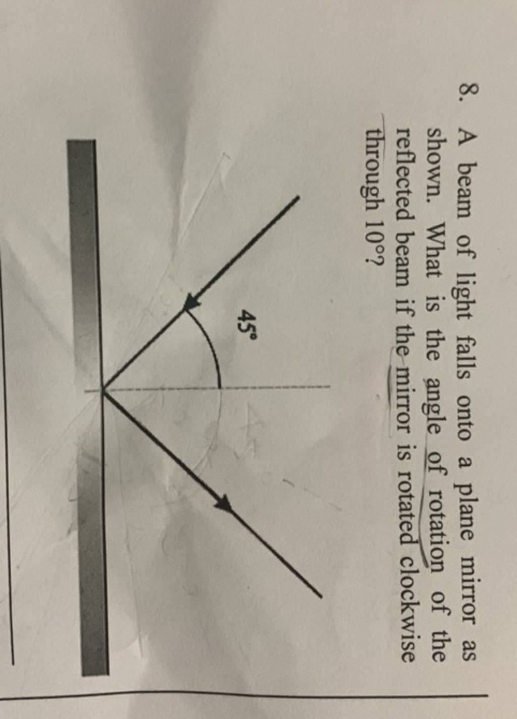 8. A beam of light falls onto a plane mirror as shown. What is the angle