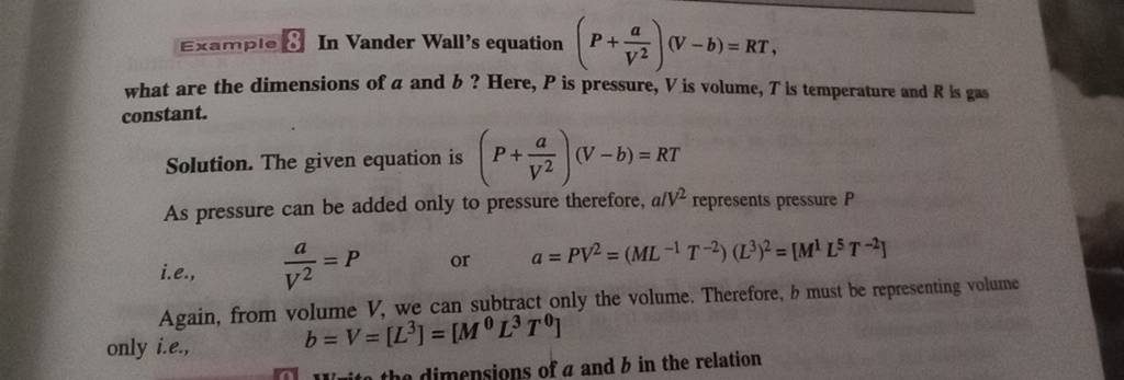 Example 8 In Vander Wall's Equation (P+V2a )(V−b)=RT What Are The Dimensi..