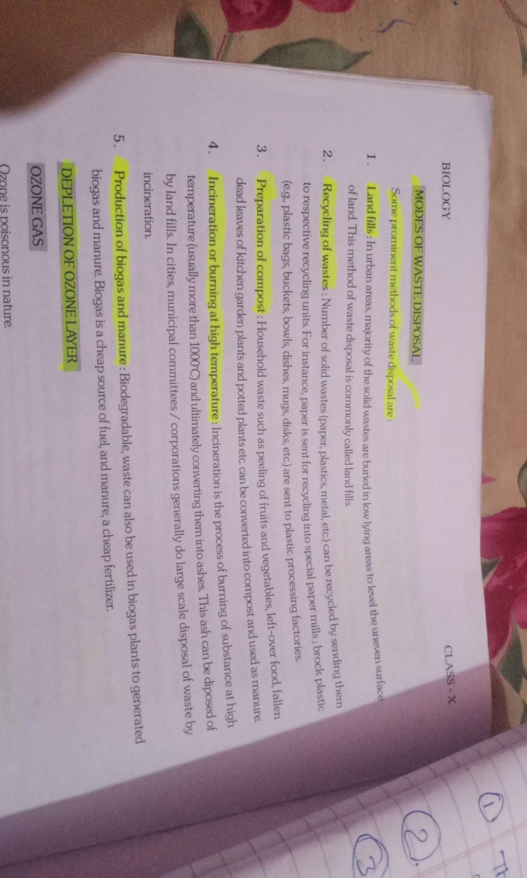 BIOLOGY CLASS −X MODES OF WASTE DISPOSAL Some prominent methods of waste