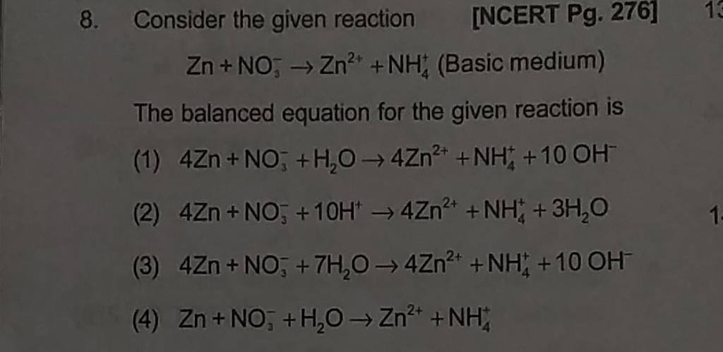 Consider The Given Reaction [ncert Pg 276] Zn No3− →zn2 Nh4 Basic Med