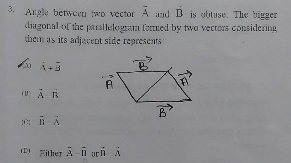 Angle between two vector A and B is obtuse. The bigger diagonal of the pa..