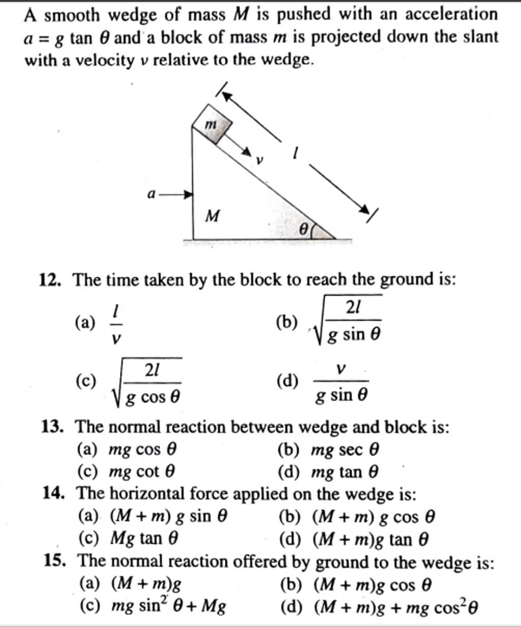 A smooth wedge of mass M is pushed with an acceleration a=gtanθ and a blo..