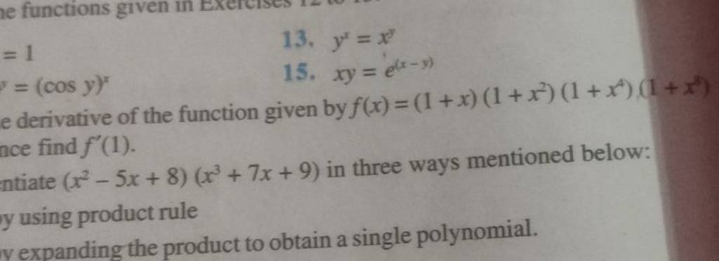 13-yx-xy-15-xy-e-x-y-cosy-x-e-derivative-of-the-function-given-by