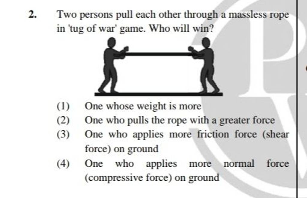 Two persons pull each other through a massless rope in 'tug of war' game...