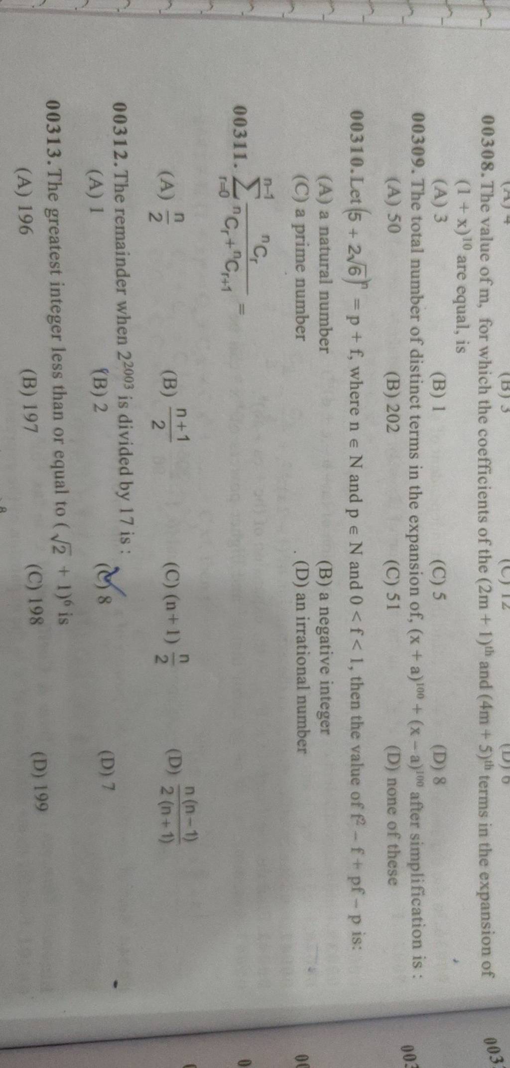 The value of m, for which the coefficients of the (2m+1)th and (4 m+5)th