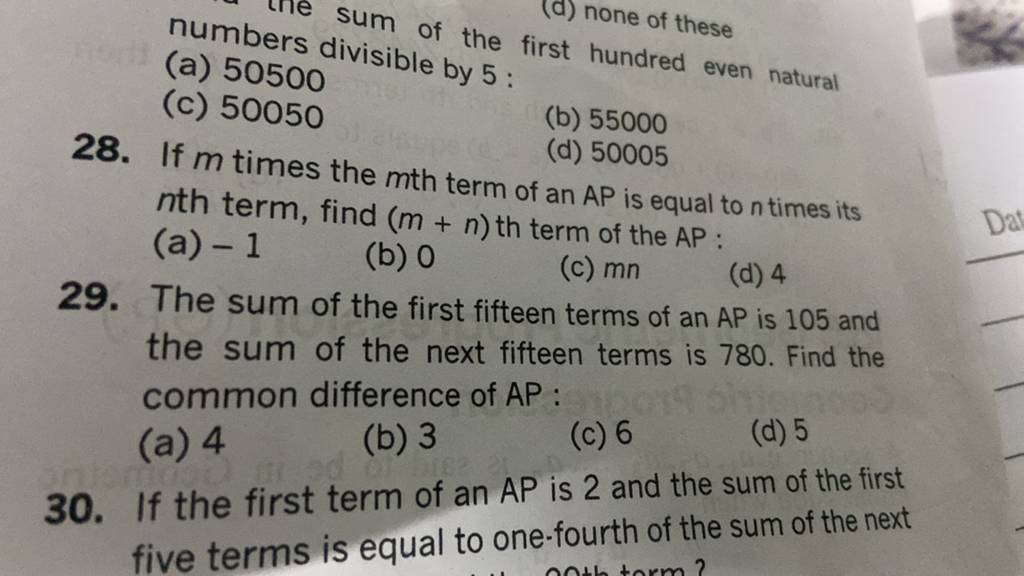 If m times the m+ (d) 50005 th term, find (m+n) th term of the AP: n t