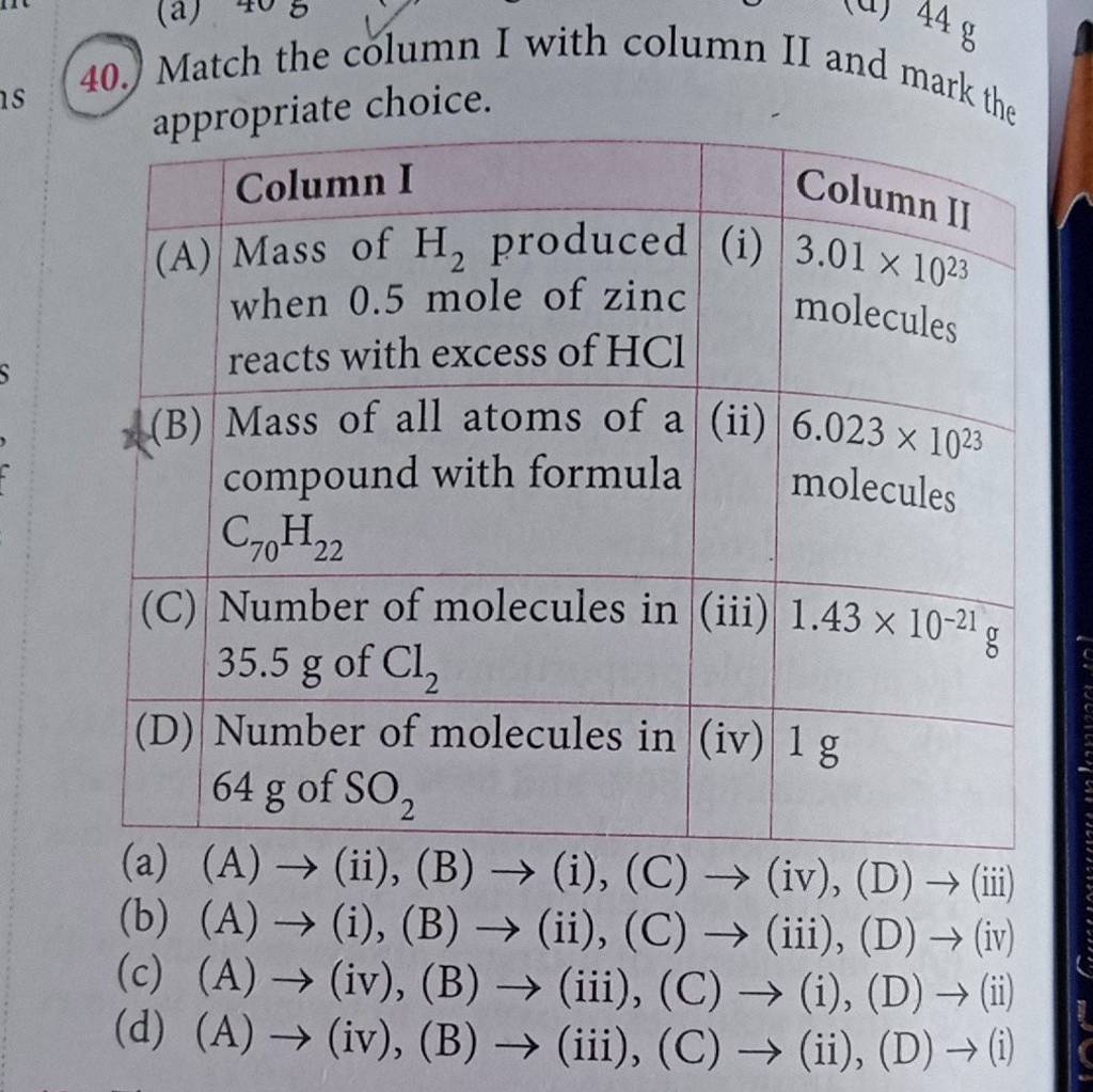 Match The Column I With Column II And Mark The Appropriate Choice. Column..