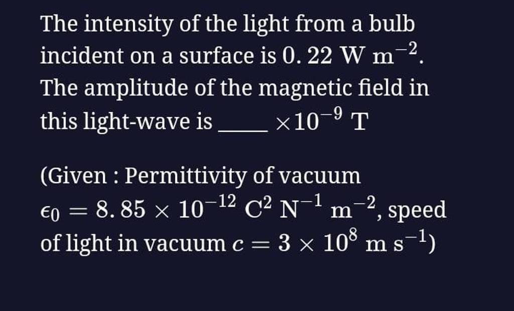 The intensity of the light from a bulb incident on a surface is 0.22 W m−..
