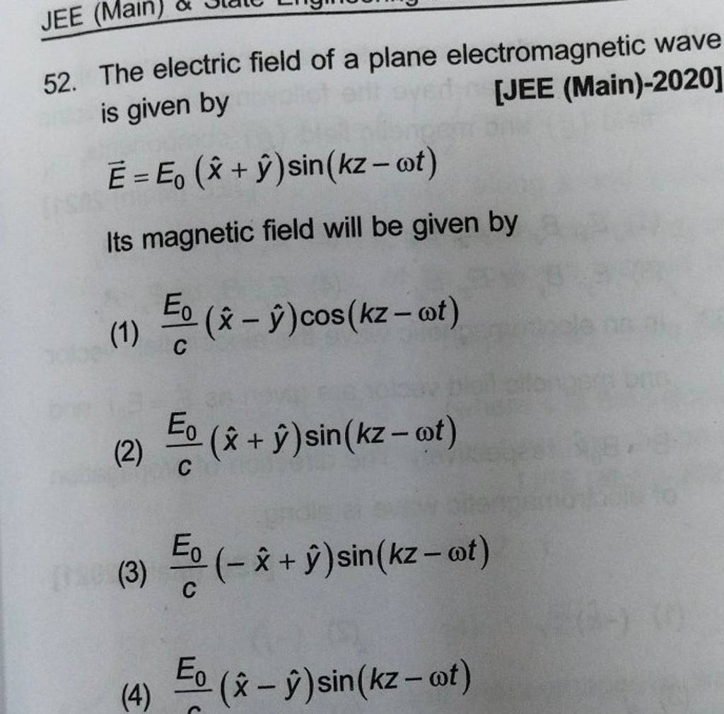 The Electric Field Of A Plane Electromagnetic Wave [jee Main 2020] Is G