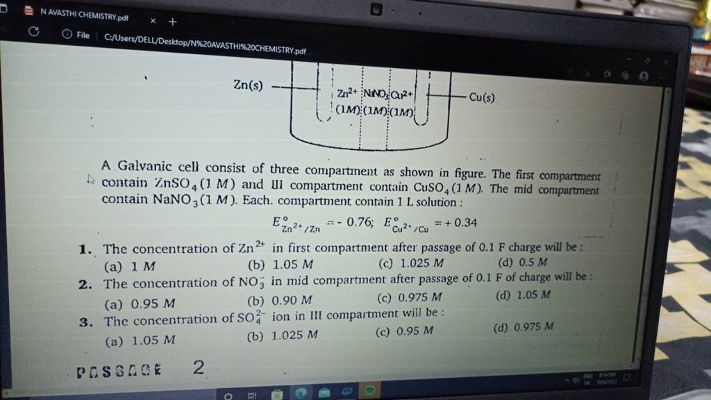 A Galvanic cell consist of three compartment as shown in figure. The firs..